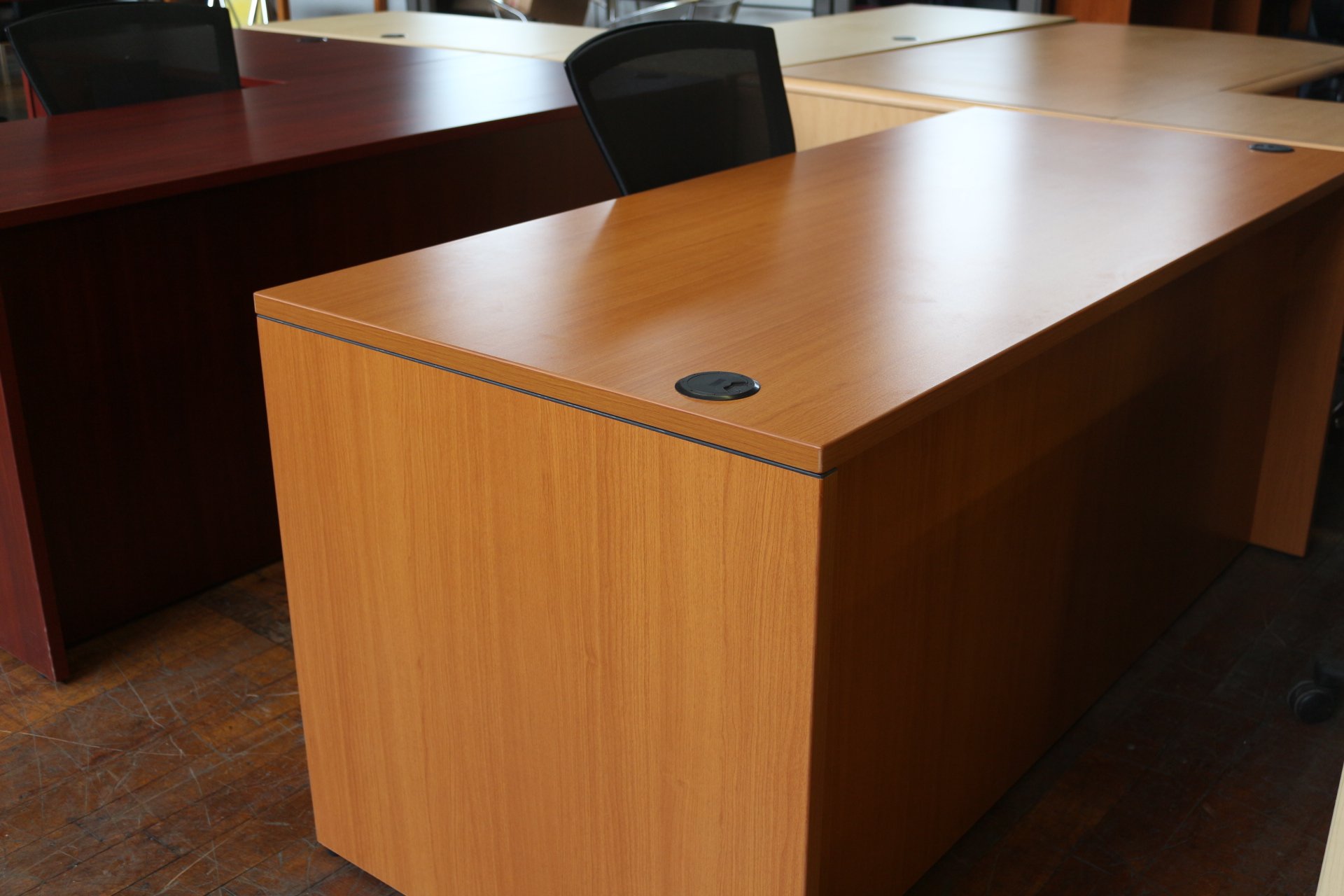 New Amber 30″ x 66″ Laminate Desk with Double Pedestal Locking File Cabinets and Wire Grommets
