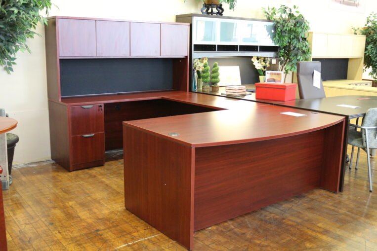 Warren Series American Cherry New U-Shaped Laminate Executive Desk with Overhead Hutch