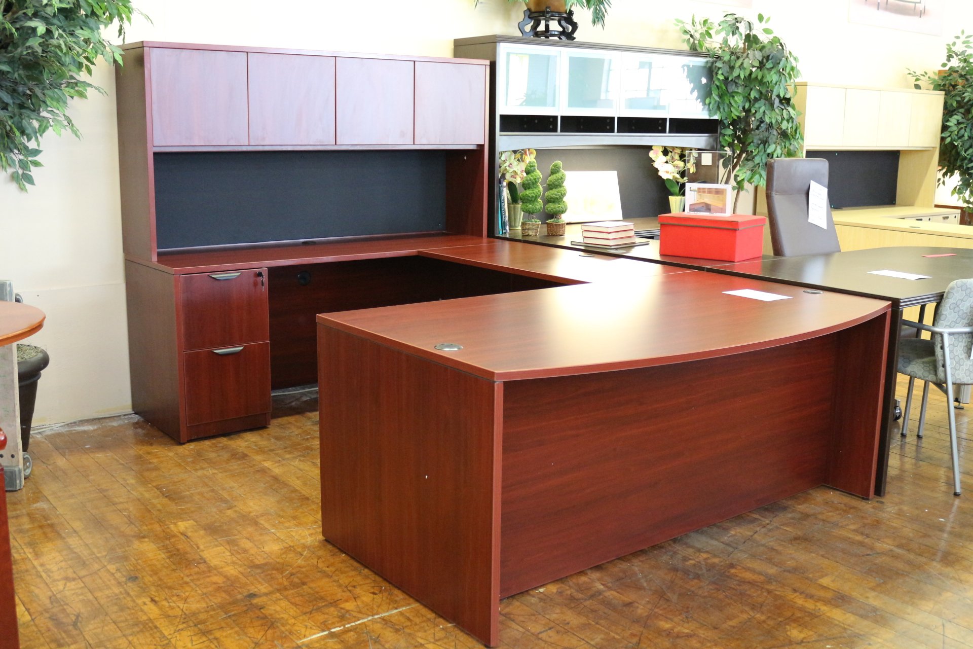 Cherry U-Shaped Executive Laminate Desk with Overhead Hutch