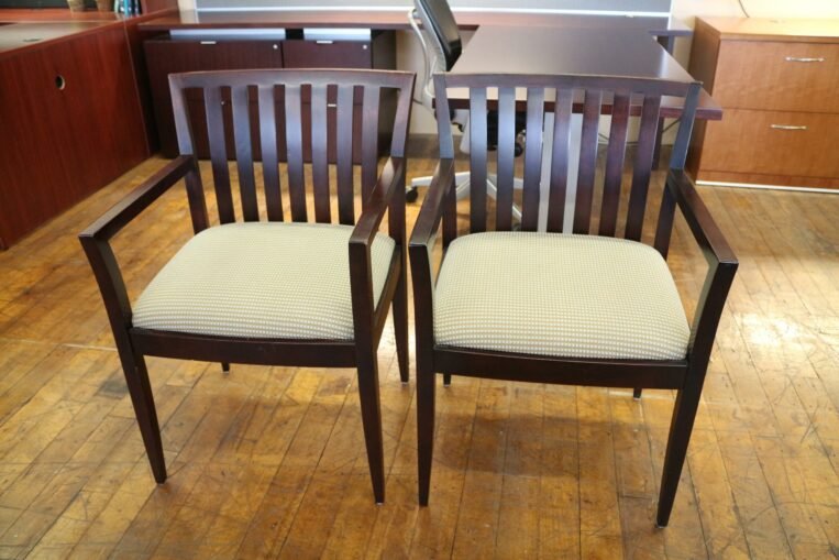 Used HBF Como espresso guest chairs with fabric seats