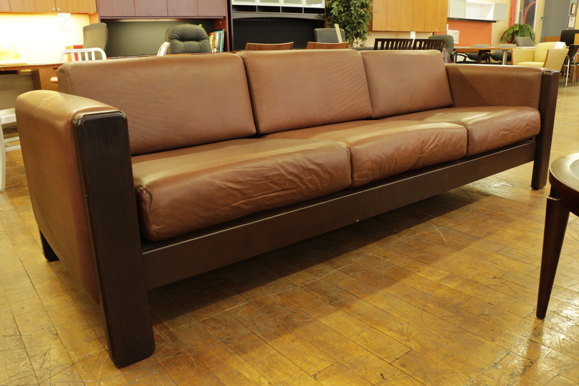 Knoll Chocolate Leather Sofa with Espresso Wood Trim (Used)