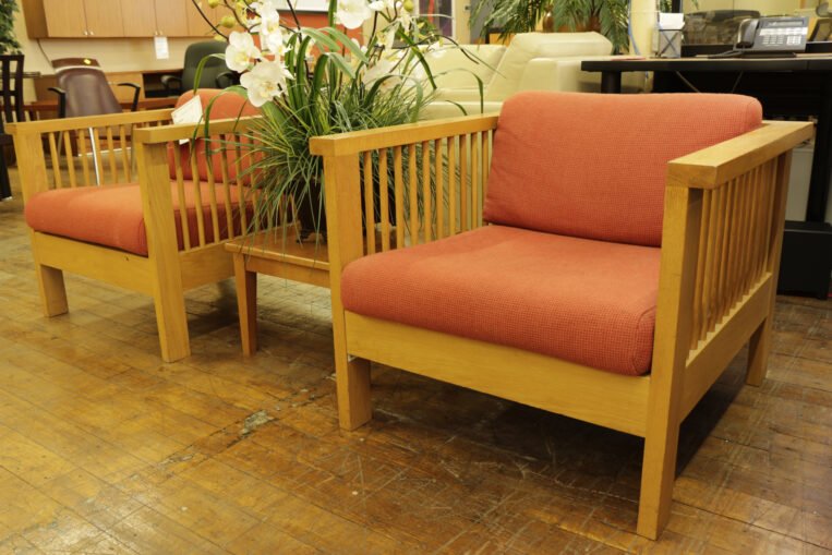 Charles Webb Oak Frame Lounge Chairs (Used)