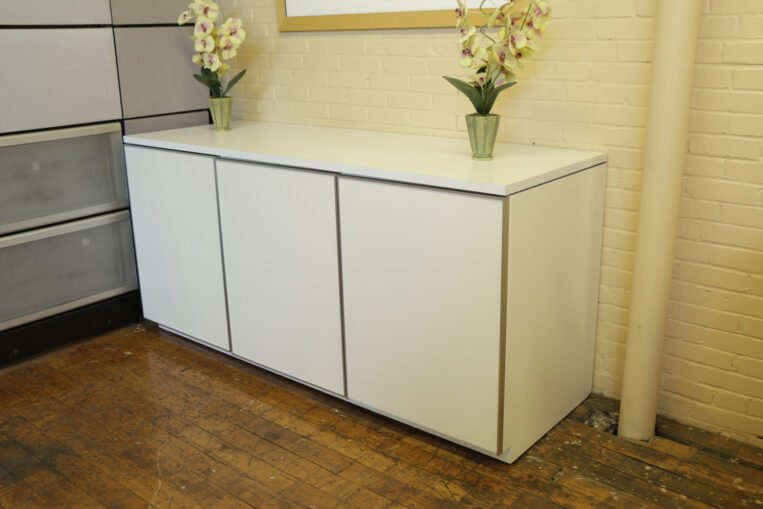 Nienkamper Vox Credenza in White Laminate with Metallic Trim
