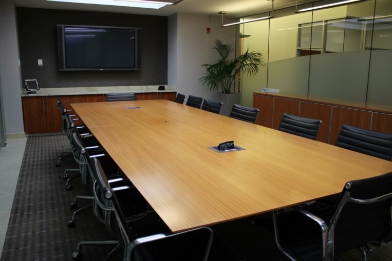 Nienkamper 14' Ribbon Mahogany Rectangular conference table with data