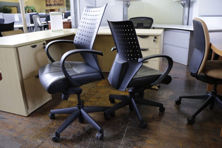 Keilhauer 'Tom' Mid-Back Chairs with Black Leather Seats