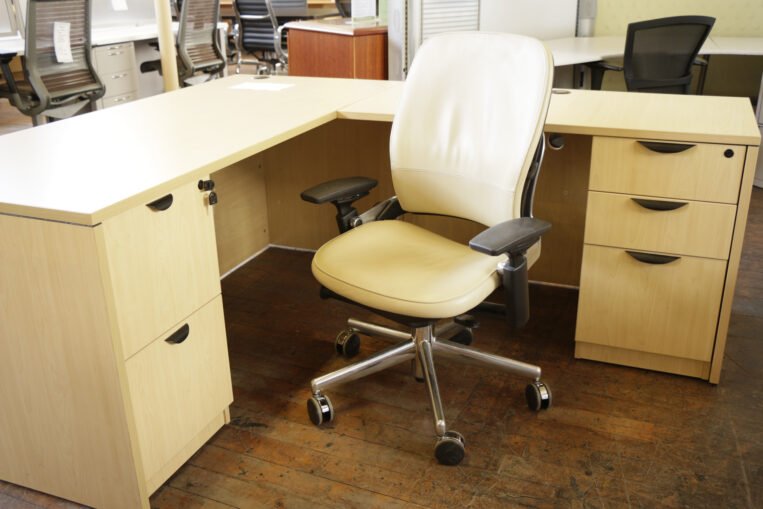 Steelcase Leap Chair with Cream Leather & Chrome Base