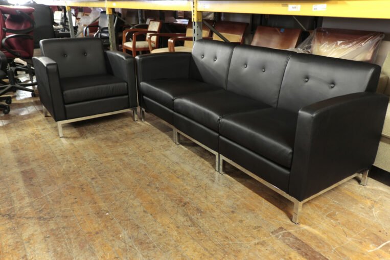 Office Star Wall Street Black & Chrome Faux Leather Sofa