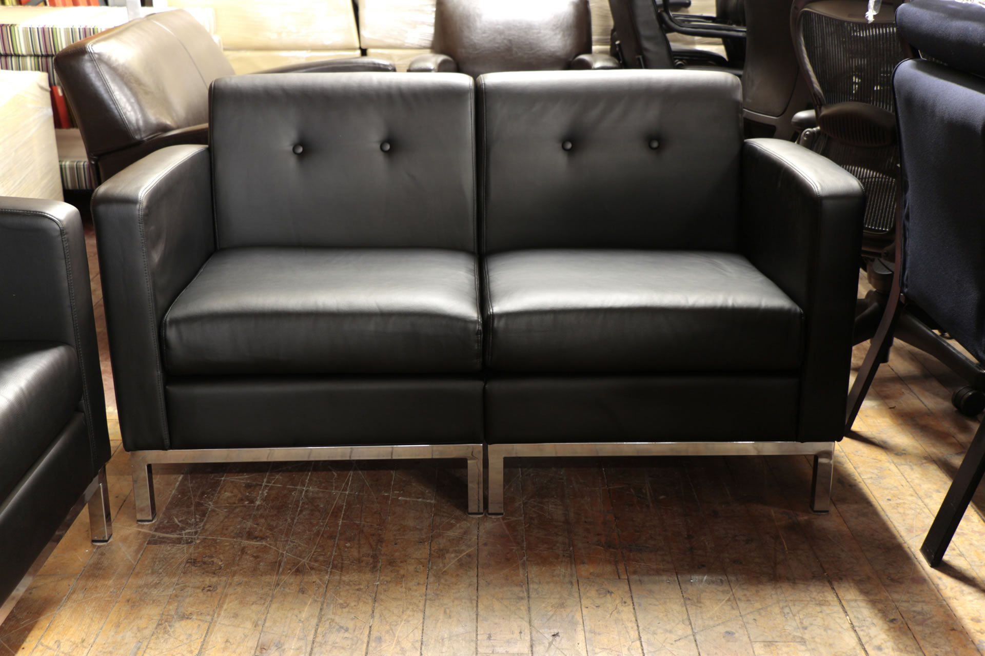 Office Star Wall Street Black & Chrome Faux Leather Love Seat
