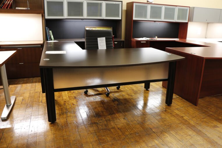 Warren Series New U-Shaped Espresso Laminate & Chrome Bow-Front Desk with Hutch and Glass Doors