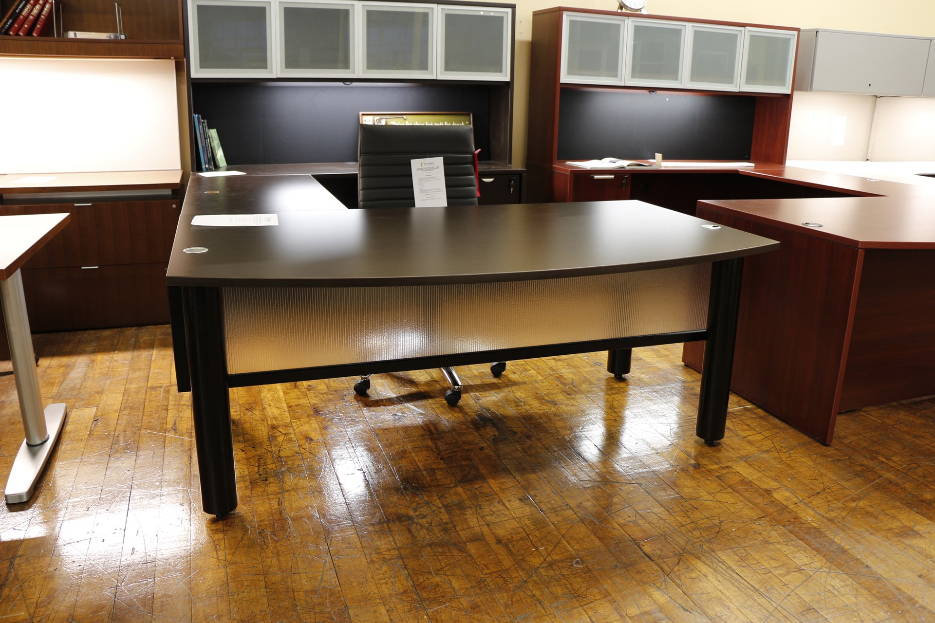 Warren Series New U-Shaped Espresso Laminate Bow-Front Desk with Hutch and Glass Doors