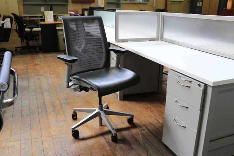 Steelcase Think Chairs with "Dusk" Blue Leather Seats & Mesh Backs