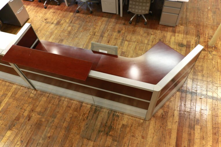Kimball Cetra Cherry Reception Desk with Metallic Trim