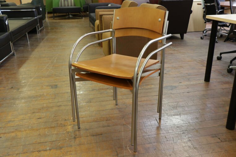 Bernhardt Vintage Chrome Arm Wood Stacking Chairs