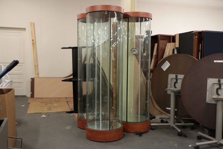 Cylindrical Glass & Mahogany Display Cases