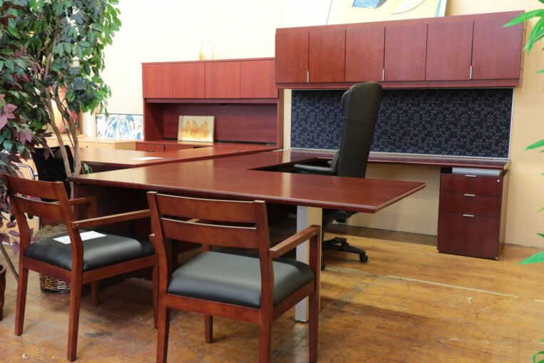 Bernhardt 'Shift' Cherry U-Shaped Executive Desk with Overhead Storage
