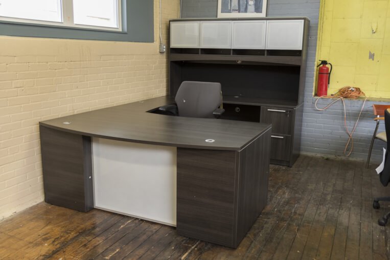 Warren Series New U-Shaped Gray Cherry Bow-Front Laminate Desk With Hutch And White Glass Trim