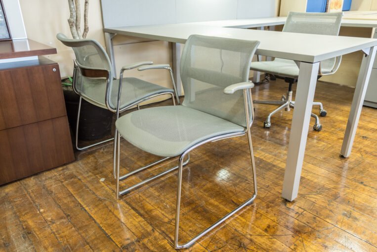 Stylex Zephyr Chrome & Platinum Mesh Stacking Arm Chairs