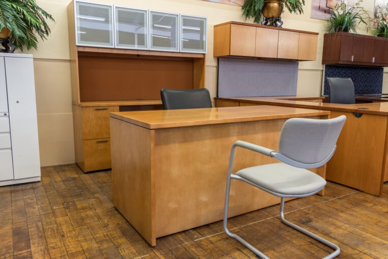 OFS Honey Maple Executive Desk & Hutch Credenza