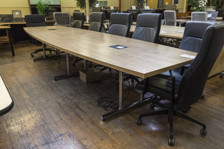 14′ Boat Shaped Maple Laminate Conference Table with Chrome Bases & Forums