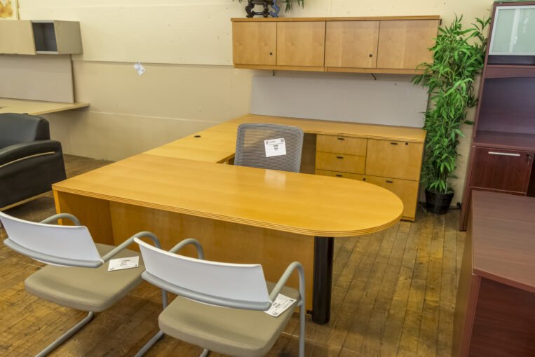 National WaveWorks Maple U-Shaped Desk with Overhead Storage