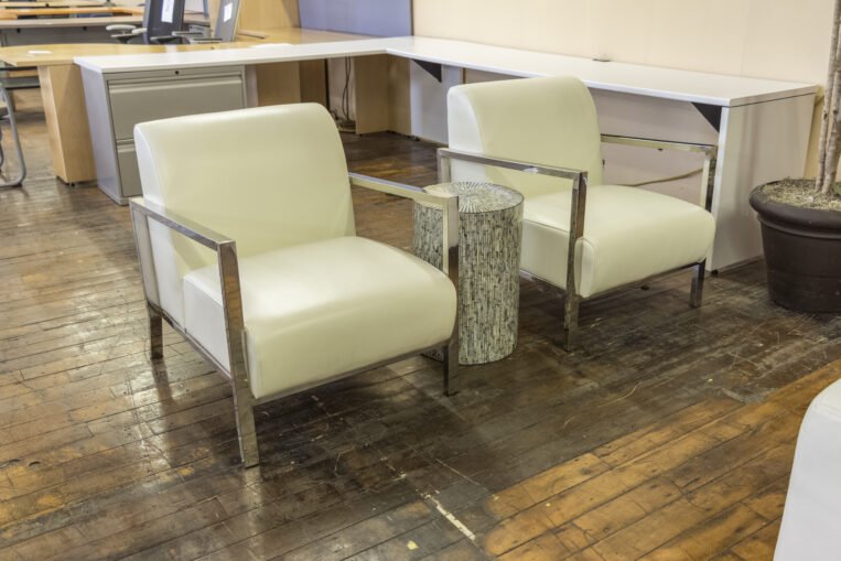 White Leather & Chrome Club Chairs