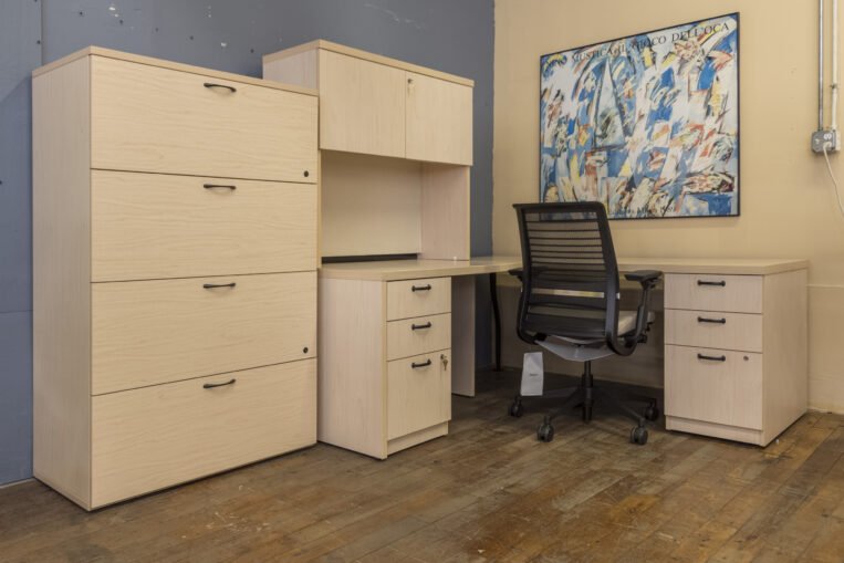 Maple Laminate L-Shaped Desk with Overhead Hutch and 4 Drawer Lateral File