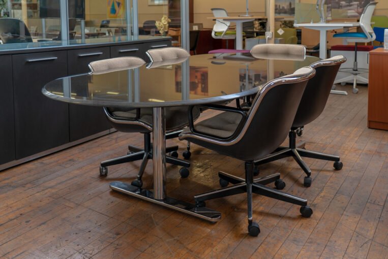 Custom 8′ Racetrack Granite Conference Table with Chrome Base