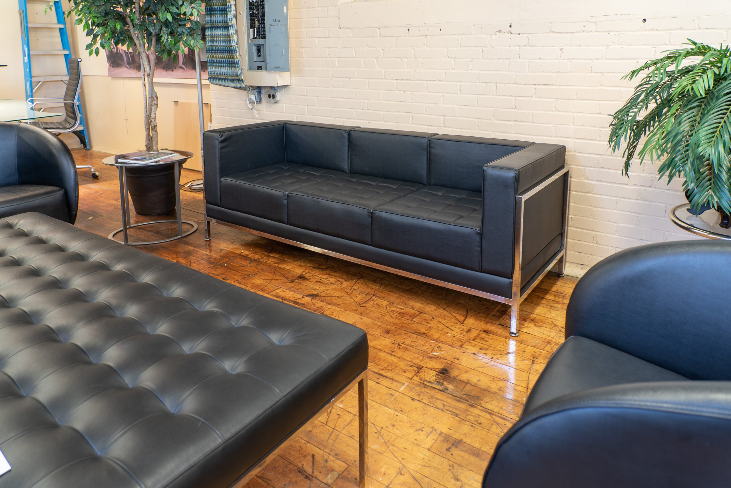 MidCentury Modern Black Leather Sofa • Peartree Office