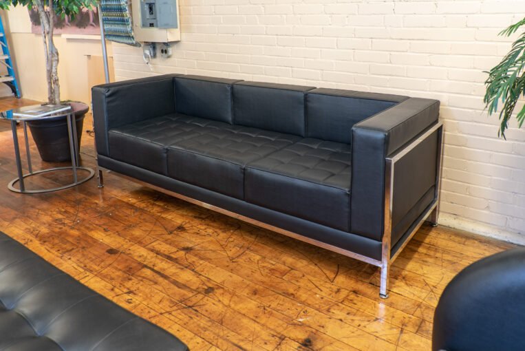 Mid-Century Modern Black Leather Sofa